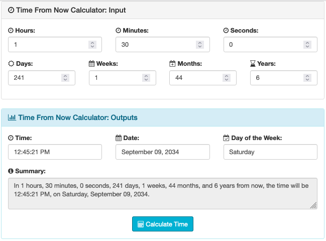 Screenshot of the time from now calculator in action