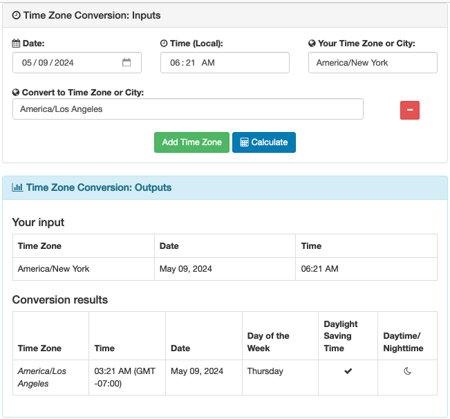 Time zone conversion calculator screenshot