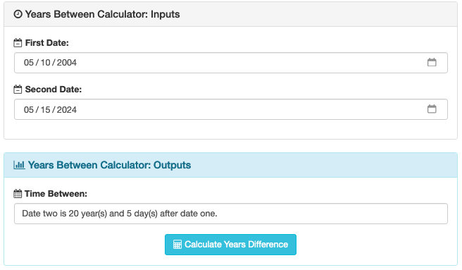 Screenshot of the years between calculator.