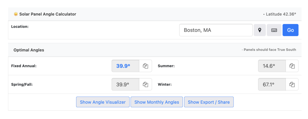 Solar panel angle calculator showing optimized angles in Boston, MA