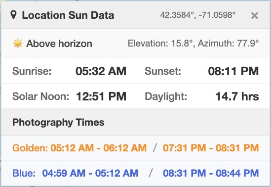 Sun tracker data info panel for a location