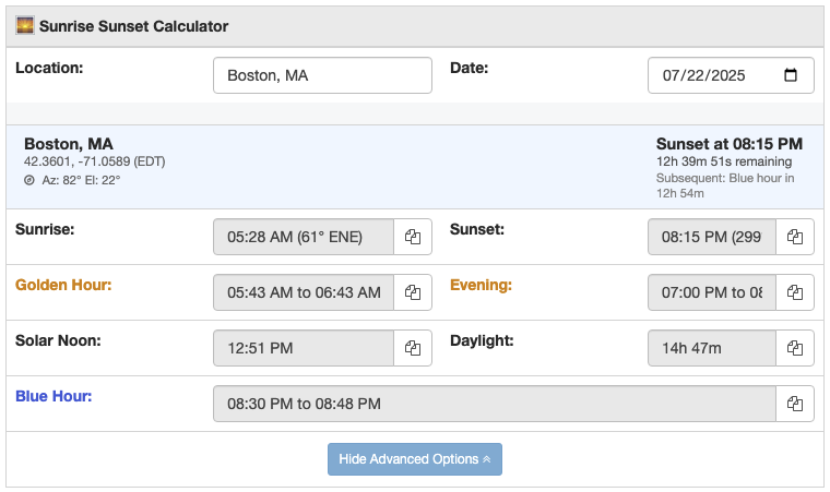 Sunrise and sunset time calculation