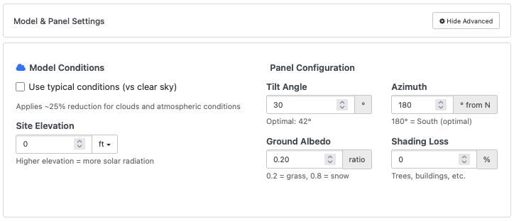 Advanced panel and atmospheric settings for the solar irradiance tool