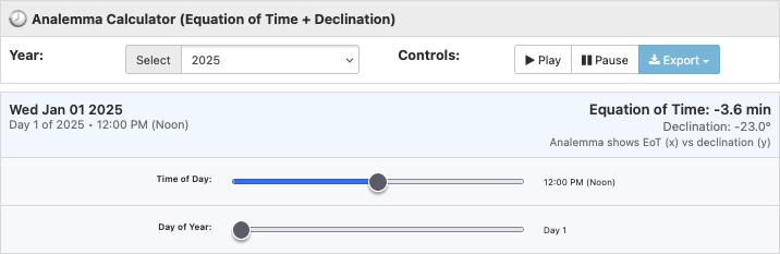 Analemma tool inputs for year and playing/pausing a sun position tracer