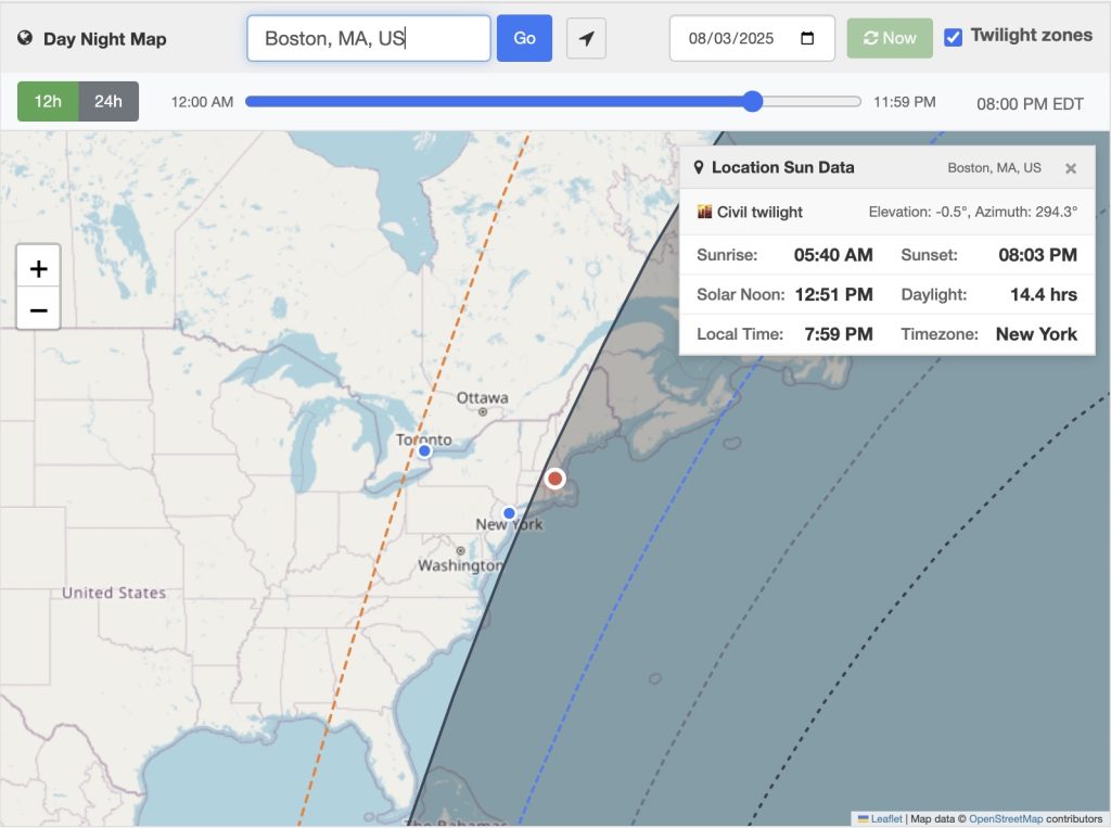 Day/night map for Boston, MA at 8 PM in August