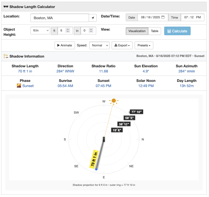 Shadow length calculator Visualization Mode with shadow direction and labels.