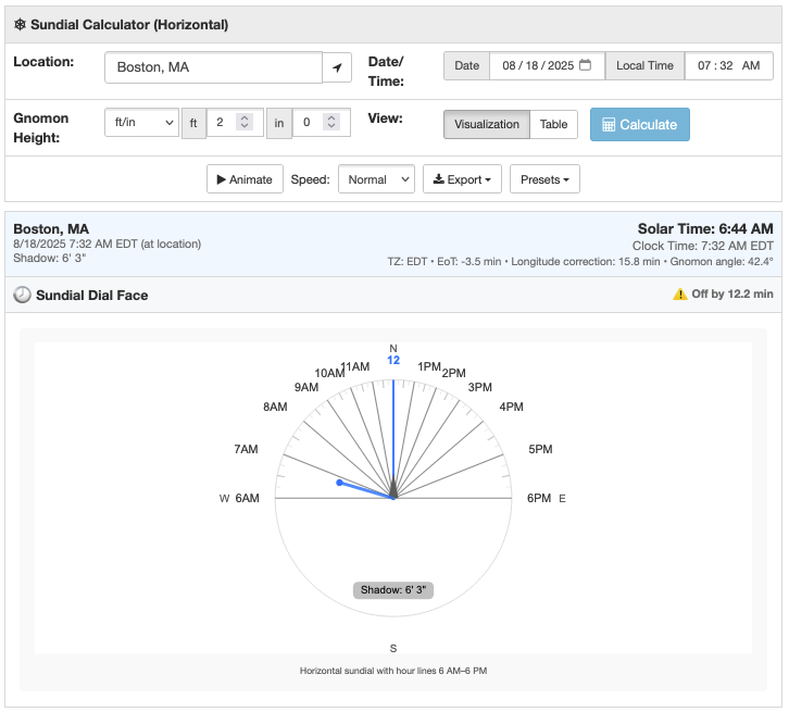 A sundial estimation for Boston, MA in August of 2025