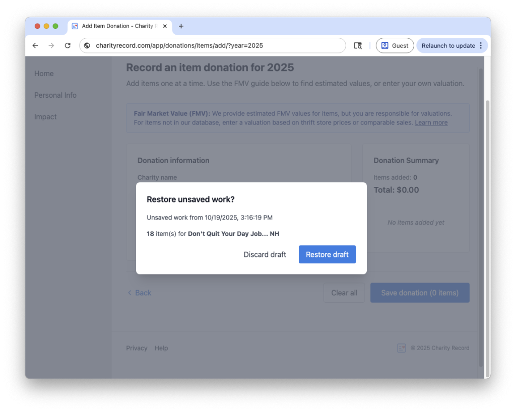 Restore an item donation draft with Charity record