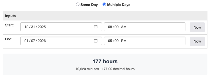 Multiple Day mode on the Hours Calculator