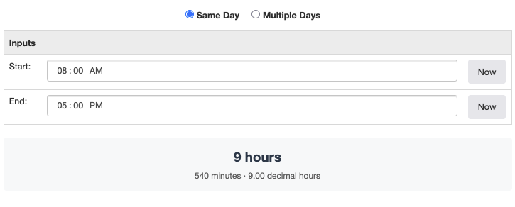 Single Day mode on the Hours Calculator