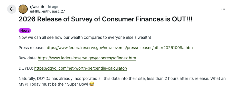 Reddit post on r/wealth: 2026 release of the Survey of Consumer Finances is out, DQYDJ already updated, today must be their Super Bowl